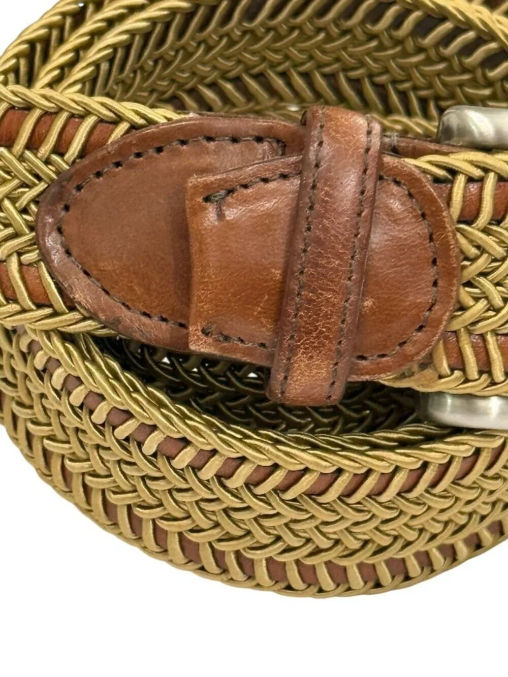 Torino Men's Belt Braided Leather Adjustable Brown Tan Silver Buckle USA Size 38